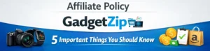 GadgetZip Privacy Policy banner showing data collection, encryption, and user rights with tech security icons and friendly support representative