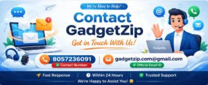 Contact GadgetZip banner showing phone number 8057236091 and email