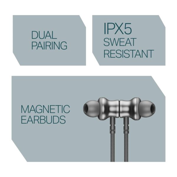 boAt Rockerz 113 (2025 Launch), 40 Hrs Playback, Dual Pair, Fast Charge, Enx Tech, Low Latency, Magnetic Buds, Bluetooth Neckband, Wireless with Mic in Ear Earphones(Ash Grey)