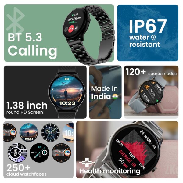GOBOULT Newly Launched Dire Smartwatch 1.38'' 2.5D Curved HD Display, BT Calling, 500 Nits Brightness, IP67, 250+ Watchfaces, 120+ Sports Modes, AI Voice Assistant, SpO2 Monitoring (Chrome)