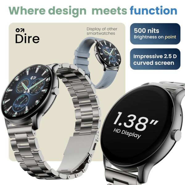 GOBOULT Newly Launched Dire Smartwatch 1.38'' 2.5D Curved HD Display, BT Calling, 500 Nits Brightness, IP67, 250+ Watchfaces, 120+ Sports Modes, AI Voice Assistant, SpO2 Monitoring (Chrome)