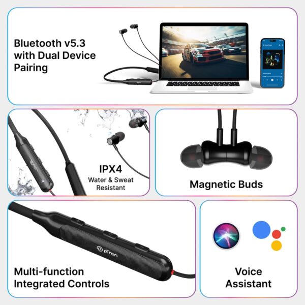 pTron Newly Launched Tangent Evolve w/ 50Hrs Playtime, HD Mic, Pristine Sound, Bluetooth V5.3 with Dual-Device Pairing Wireless Neckband, Voice Assistant, Type-C Fast Charging & IPX4 (Black)
