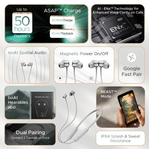 boAt Rockerz 255 Z Plus,AI-Enx Tech,Spatial Audio,50HRS Battery,Low Latency Mode,Fast Charge,App Support,IPX4,GFPS,BT V5.3,Bluetooth Neckband,Wireless with Mic in Ear Earphones (Slate Grey)