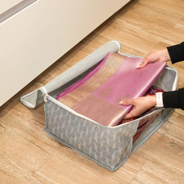 Homestrap Set of 6 Non-Woven Printed Saree Cover/Cloth Storage/Wardrobe Organizer For Clothes with Transparent Window (Grey)(Shark Tank Featured) 45cmx33cmx22cm
