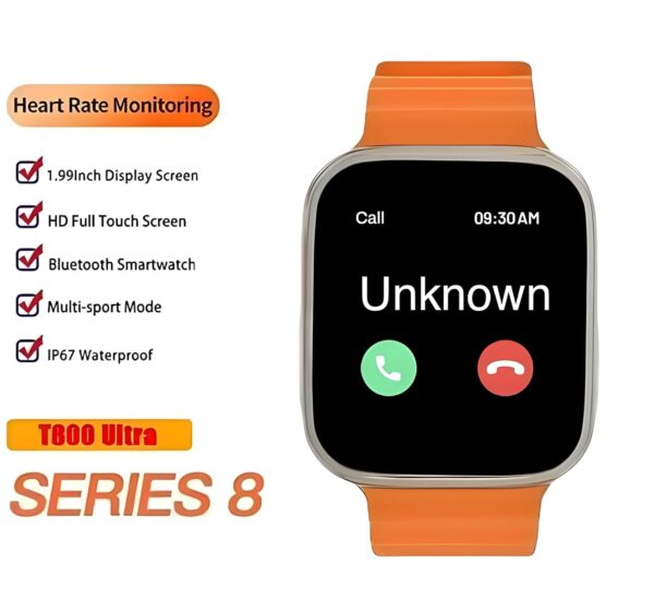 T800 Ultra Smartwatch – 1.99'' HD Display, Wireless Charging, Fitness Tracker, Bluetooth Call, Heart Rate Monitor, Waterproof - Compatible with Android & iOS (Orange)