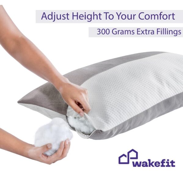 Wakefit Hollow Fiber Sleeping Pillow | Height Adjustable | Soft & Fluffy Comfort | White & Grey | 27 x 16 Inch | Set of 2 |Free Extra Fiber for Custom Comfort (300 Grams)