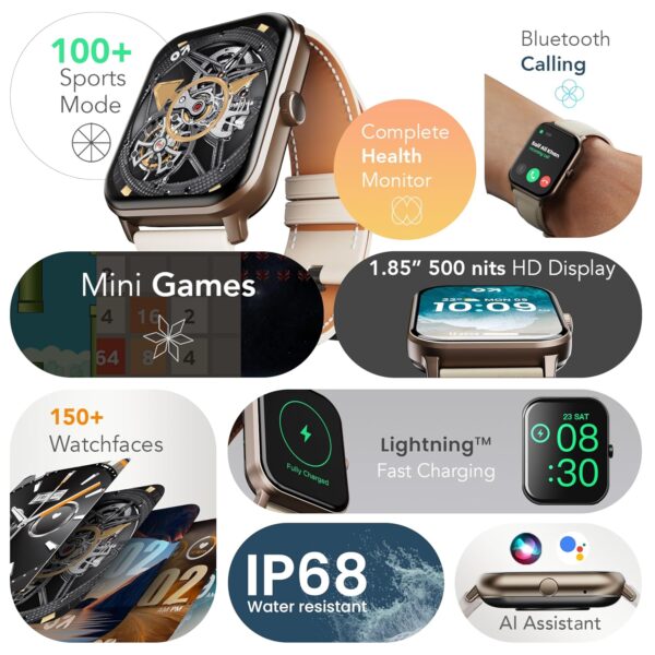 GOBOULT Drift+ Smart Watch 1.85''HD Screen, Bluetooth Calling, IP67, 500 Nits Brightness,150+ Watchfaces, AI Voice Assistant, SpO2 Monitoring, 100+ Sports Mode Smartwatch (Snow Leather)