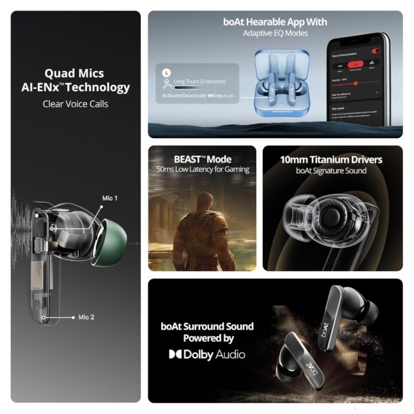 boAt Airdopes 800, Dolby Audio, Adaptive EQ by Mimi, 4Mics AI ENx, App Support, Fast Charge, Low Latency, IPX5, v5.3 Bluetooth TWS in Ear Earbuds Wireless Earphones with mic (Interstellar Black)