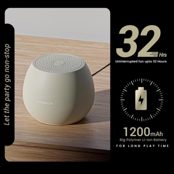 HAMMER Drop 5W Bluetooth Wireless Speaker with Twin Pairing, 1200 mAh Battery, 100H Standby Time, TWS Function, TF Card, USB Slot, Auto-Pairing, in-Built Mic, Type-C Charging, 52mm Driver (Beige)