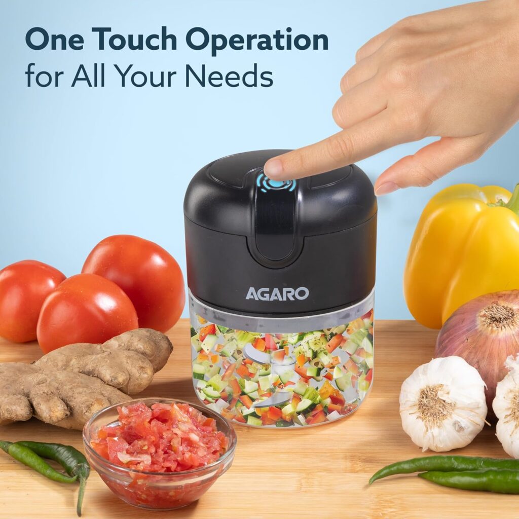 AGARO Elite Mini Electric Chopper – Stainless Steel Blades, 250ml, One-Touch Operation, Black