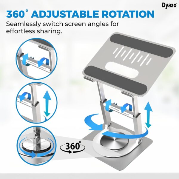 Dyazo 360° Rotating Laptop Stand Holder | Height Adjustable & Foldable Riser for 10-15.6 Inch Laptop | Anti Slip Pads with Heat Vent | Compatible for MacBook, Dell, HP, Lenovo & Other Notebook- Silver