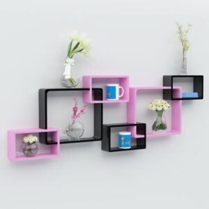 Raafi Wooden Intersecting Wall Shelves Set of 6 – Modern Decorative Floating Shelves (Pink & Black)