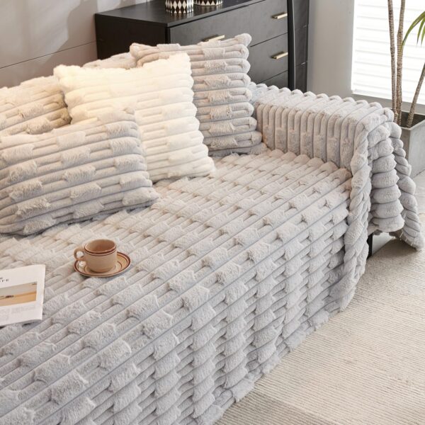 HOKIPO Faux Fur Luxury Waxy Rabbit Plush Sofa Cover – Fluffy 3 Seater Sofa Throw, 180 x 310 cm (Cloud Grey, AR-5081-LGRY)