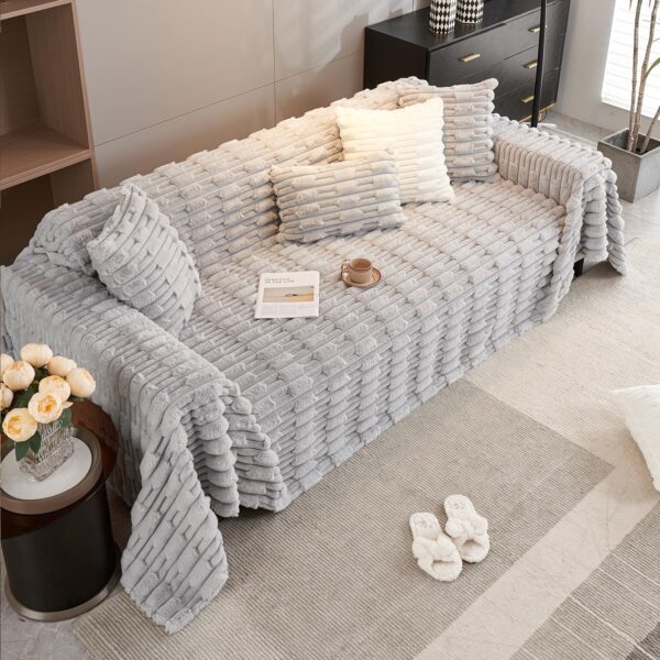 HOKIPO Faux Fur Luxury Waxy Rabbit Plush Sofa Cover – Fluffy 3 Seater Sofa Throw, 180 x 310 cm (Cloud Grey, AR-5081-LGRY)