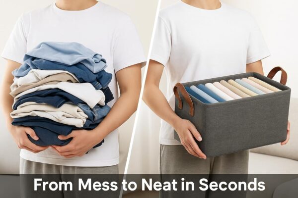 DALUCI 4 Pcs Wardrobe Organizer for Clothes – Foldable Fabric Storage Box with Metal Frame | Storage Basket for Almirah, Cupboard, Jeans & Sweaters (Grey)