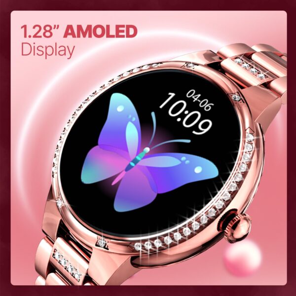 CrossBeats Diva 1.28” Stylish Smart Watch for Women with Stone Studded Bezel| Amoled Display | Female Health Tracker | 100+Sports Modes| Premium Metal Smartwatch with Wireless Charging - (Rose Gold)