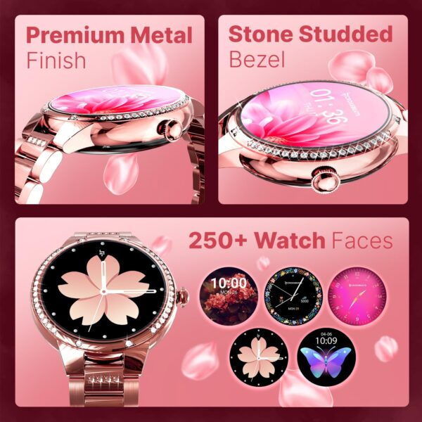 CrossBeats Diva 1.28” Stylish Smart Watch for Women with Stone Studded Bezel| Amoled Display | Female Health Tracker | 100+Sports Modes| Premium Metal Smartwatch with Wireless Charging - (Rose Gold)