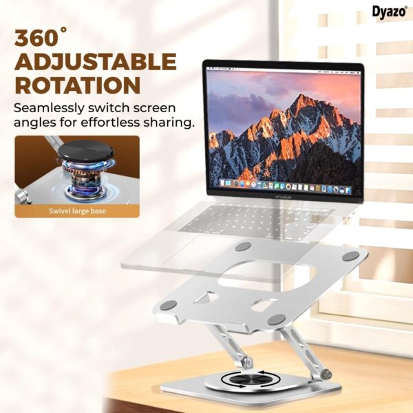 Dyazo Laptop Stand Foldable Height Angle Adjustable Laptop Riser for Desk Compatible for MacBook, Lenovo, Dell Notebook up to 15.6 Inches 360 Rotating Base (Silver)