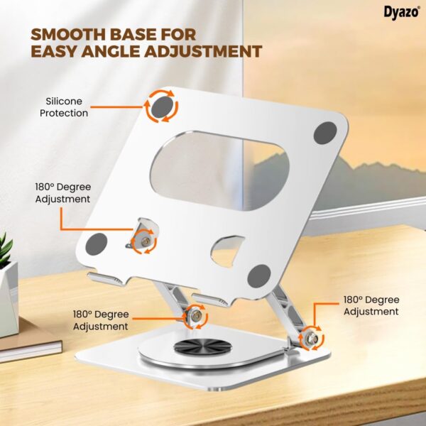 Dyazo Laptop Stand Foldable Height Angle Adjustable Laptop Riser for Desk Compatible for MacBook, Lenovo, Dell Notebook up to 15.6 Inches 360 Rotating Base (Silver)
