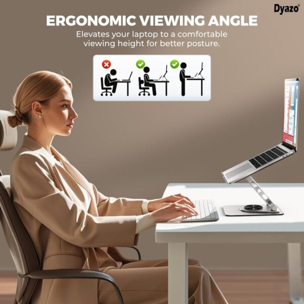 Dyazo Laptop Stand Foldable Height Angle Adjustable Laptop Riser for Desk Compatible for MacBook, Lenovo, Dell Notebook up to 15.6 Inches 360 Rotating Base (Silver)