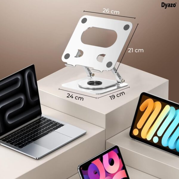 Dyazo Laptop Stand Foldable Height Angle Adjustable Laptop Riser for Desk Compatible for MacBook, Lenovo, Dell Notebook up to 15.6 Inches 360 Rotating Base (Silver)