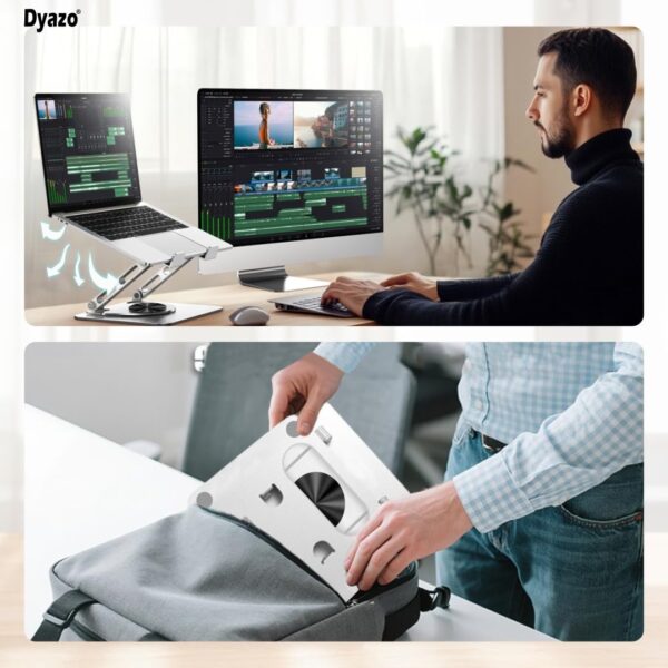 Dyazo Laptop Stand Foldable Height Angle Adjustable Laptop Riser for Desk Compatible for MacBook, Lenovo, Dell Notebook up to 15.6 Inches 360 Rotating Base (Silver)