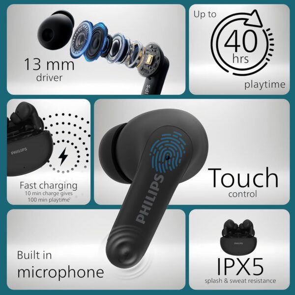 Philips TAT1269 Bluetooth Truly Wireless in Ear Earbuds with mic, 13mm Drivers, Bluetooth 5.4, 40H Playtime, IPX5, Fast Charging, Touch Controls, Voice Assistant, Mono Mode, LED Indicator (Deep Black)