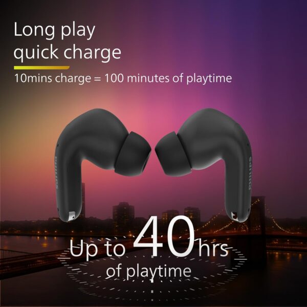 Philips TAT1269 Bluetooth Truly Wireless in Ear Earbuds with mic, 13mm Drivers, Bluetooth 5.4, 40H Playtime, IPX5, Fast Charging, Touch Controls, Voice Assistant, Mono Mode, LED Indicator (Deep Black)