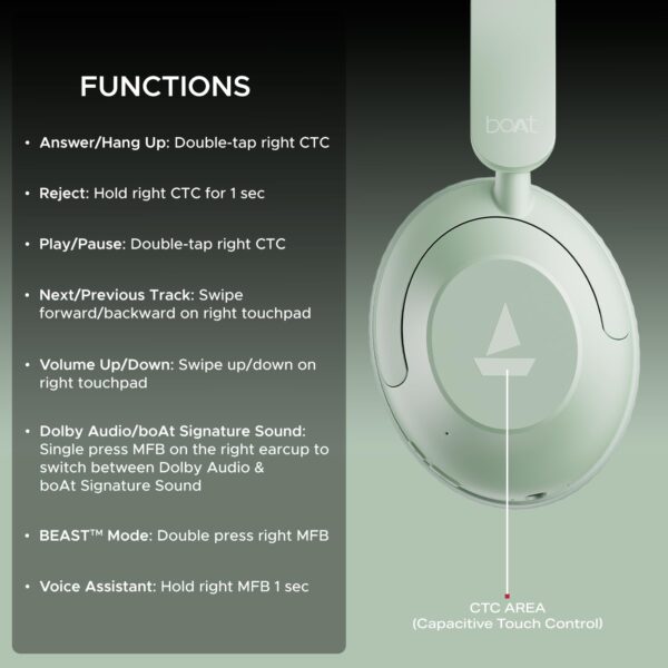 Boat Rockerz 650 Pro, Touch/Swipe Controls, Dolby Audio, 80Hrs Battery, 2Mics ENx, Fast Charge, App Support, Dual Pair, Bluetooth Over Ear Headphones with Mic (Sage Green)
