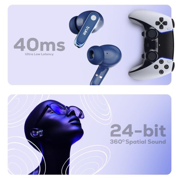 truke New Launch Mega 12 True Wireless in Ear Earbuds W/ 24-Bit Spatial Audio, Premium Leather Textured Design, 70H Playtime Fast Charge Buds, 13mm Drivers TWS, Low Latency, ENC (Indigo Blue)