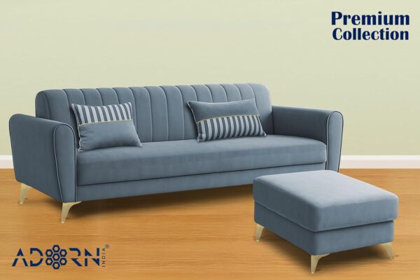 Adorn India Premium Luster 4 Seater L Shape Sofa Set | Velvet Suede Fabric | 3-Year Warranty | Color Grey with Golden Legs & Striped Pattern Cushion