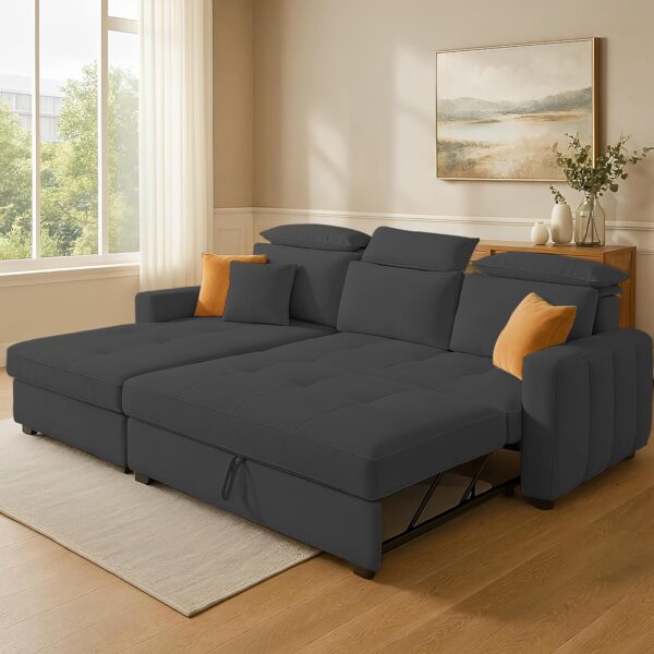 Casaliving Gagnon LHS 4 Seater L Shape Corner Sofa Cum Bed for Living Room (Black Fabric) Premium Fabric Sofa