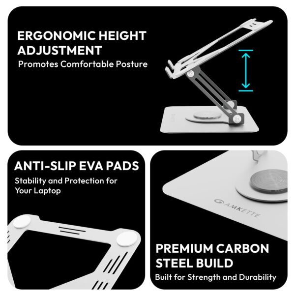 Amkette Ergo Hi-Rise V2 Laptop Stand 360 Rotation, Made with Premium Carbon Steel, Supports Up to 5kg Laptop, with Anti-Slip EVA Pads, Adjustable Height Laptop Stand Metal (Up to 27cm)