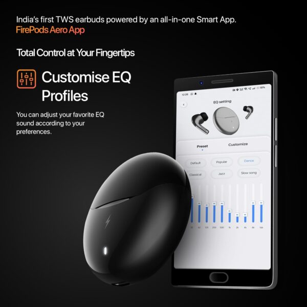 Fire-Boltt Aero TWS Earbuds Custom EQ, Wireless Bluetooth 5.4, Music & App Support, 50H Playtime, Fast Charging Case, 50ms Low Latency for Gaming, Touch Controls, IPX4 Waterproof, Clear Calls - Black