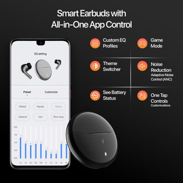 Fire-Boltt Aero TWS Earbuds Custom EQ, Wireless Bluetooth 5.4, Music & App Support, 50H Playtime, Fast Charging Case, 50ms Low Latency for Gaming, Touch Controls, IPX4 Waterproof, Clear Calls - Black