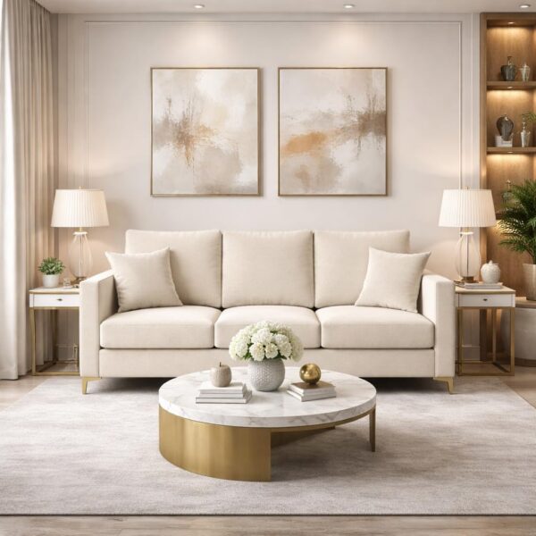 Hayes Rich Velvet Suede 3 Seater Sofa | Golden Aesthetic Legs | Spacious Soft Touch Comfort Seating | Modern Sofa for Living Room (Cream)