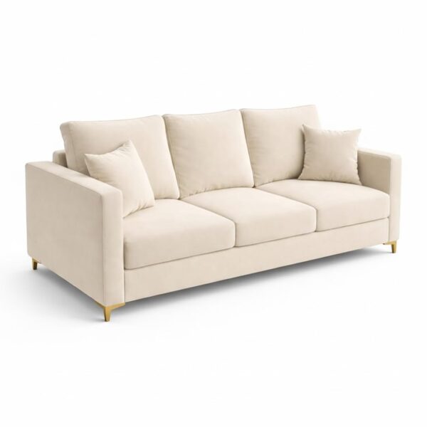 Hayes Rich Velvet Suede 3 Seater Sofa | Golden Aesthetic Legs | Spacious Soft Touch Comfort Seating | Modern Sofa for Living Room (Cream)