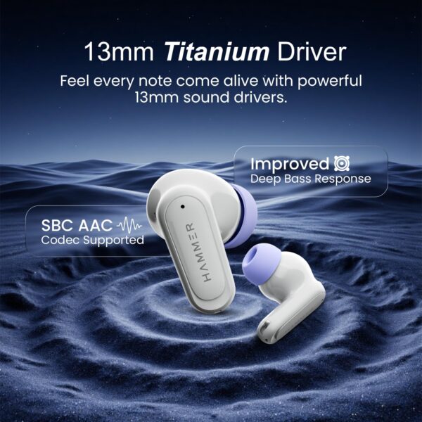 HAMMER Airflow Neo Earbuds with 80H Playtime, 13mm Titanium Driver, 40ms Gaming Mode, Fast Charging Buds, Type-C Charging, Voice Assistant, Lightweight Dual-Tone Design (Grey)
