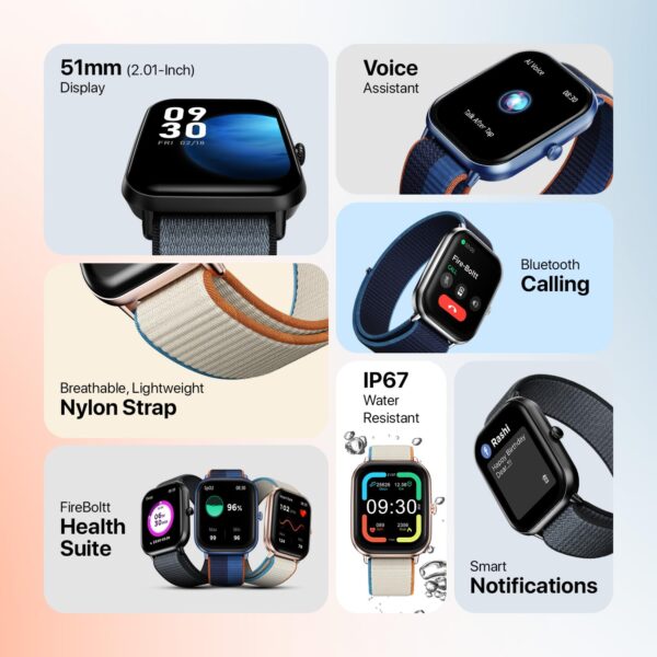 Fire-Boltt Ninja Call Pro Max Nyluxe Smart Watch 2.01″ with Bluetooth Calling, Voice Assistance, SpO2 & Heart Rate Monitor, 120+ Sports Modes, IP67 Waterproof, Smart Watch for Men & Women - Grey