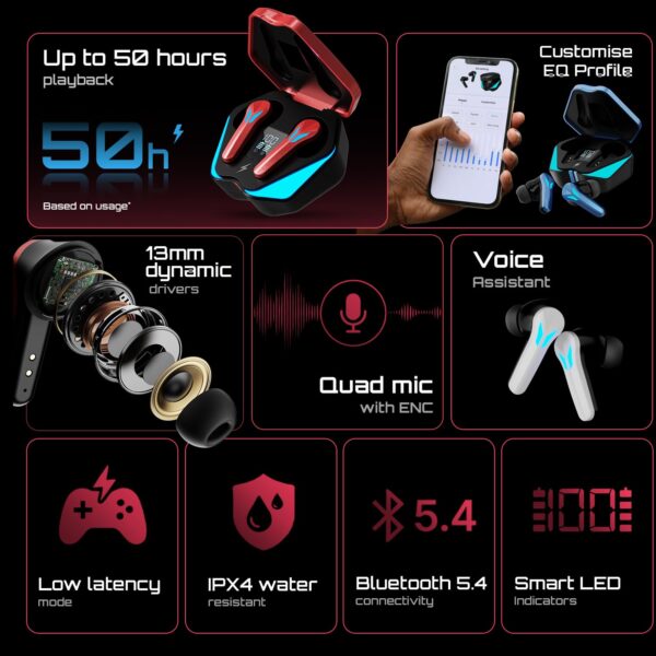 Fire-Boltt Aero Shadow TWS Earbuds Custom EQ, RGB Lights, Wireless Bluetooth 5.4, Music & App Support, 50H Playtime, Fast Charging Case, 50ms Low Latency for Gaming, Touch Controls - Onyx Black