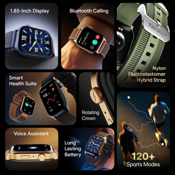 Fire-Boltt Rise Force Smart Watch 1.85” Display, Nylon–Fluoroelastomer Hybrid Strap, Rotating Crown, Bluetooth Calling, Dual Button Control, Metal Body Smartwatch for Men and Women Midnight Black