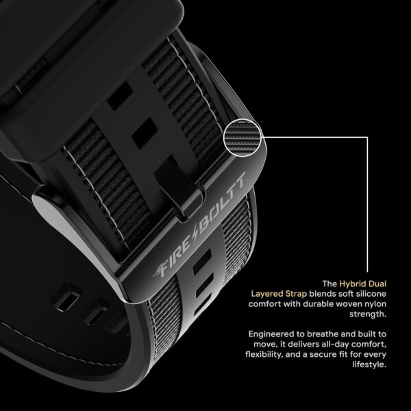 Fire-Boltt Rise Force Smart Watch 1.85” Display, Nylon–Fluoroelastomer Hybrid Strap, Rotating Crown, Bluetooth Calling, Dual Button Control, Metal Body Smartwatch for Men and Women Midnight Black