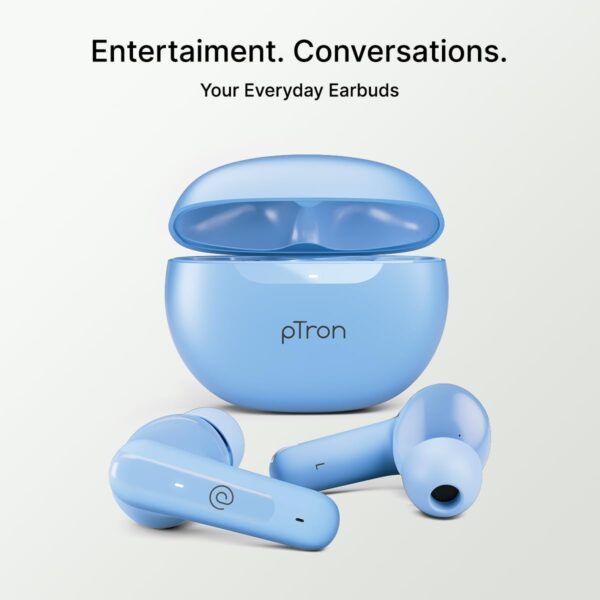 pTron Bassbuds Astra in-Ear TWS Earbuds w/Stereo Sound, 34Hrs Playtime, Stereo Calls, Custom EQ, Mobile App, BTv5.3 Headphones, Touch Control, Voice Assistant, Type C Charging & IPX4 (Light Blue)
