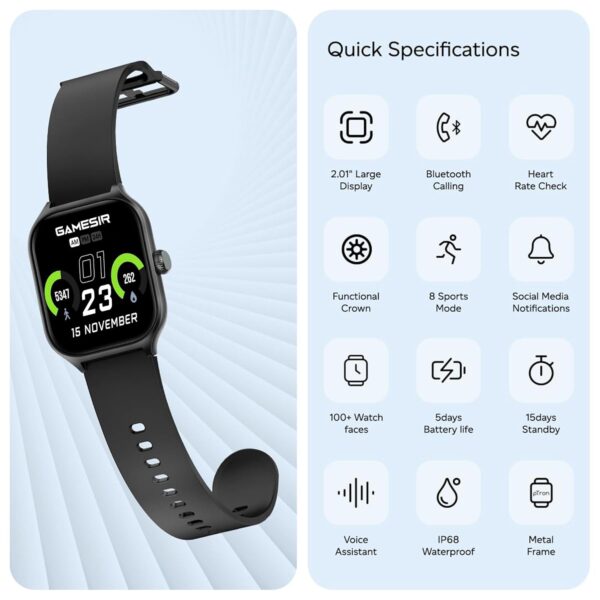 GameSir H18 Pro Smartwatch with Long Battery Life, 2.01" High-Resolution Screen, Bluetooth Calling, IP68 Waterproof, TFT Display, Luxury Design for Men & Women (Black)