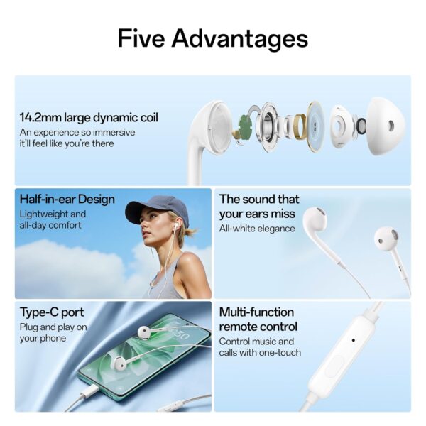 Oppo Type-C Half-in-Ear Wired Earbuds,14.2mm Dynamic Coil, with Multi-Function Remote-MH136 (White)