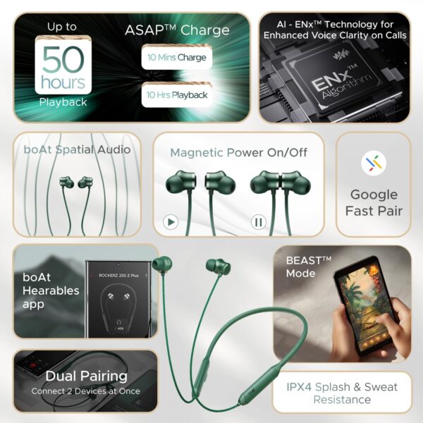 Boat Rockerz 255 Z Plus,AI-Enx Tech,Spatial Audio,50HRS Battery,Low Latency Mode,Fast Charge,App Support,IPX4,GFPS,BT V5.3,Bluetooth Neckband,Wireless with Mic in Ear Earphones (Pine Green)