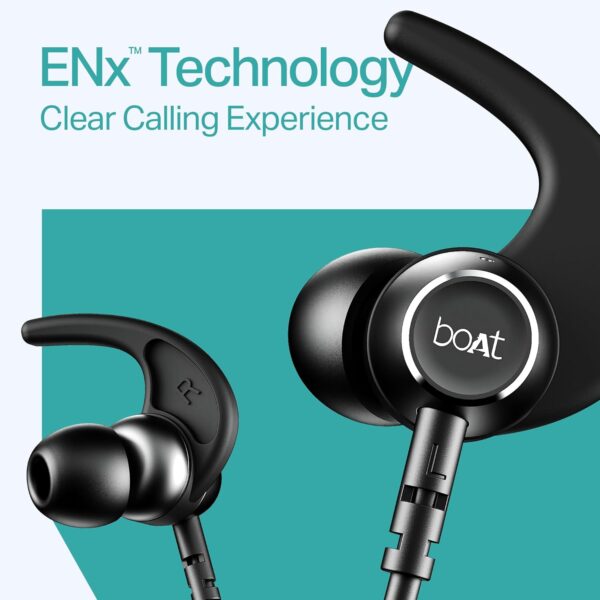 Boat Rockerz 202, ENx Tech, 20H Battery, in Ear, Dual Pair, Fast Charge, Magnetic Buds, Stream Ad Free Music via App Support, Bluetooth Neckband, Wireless with Mic Earphones (Active Black)