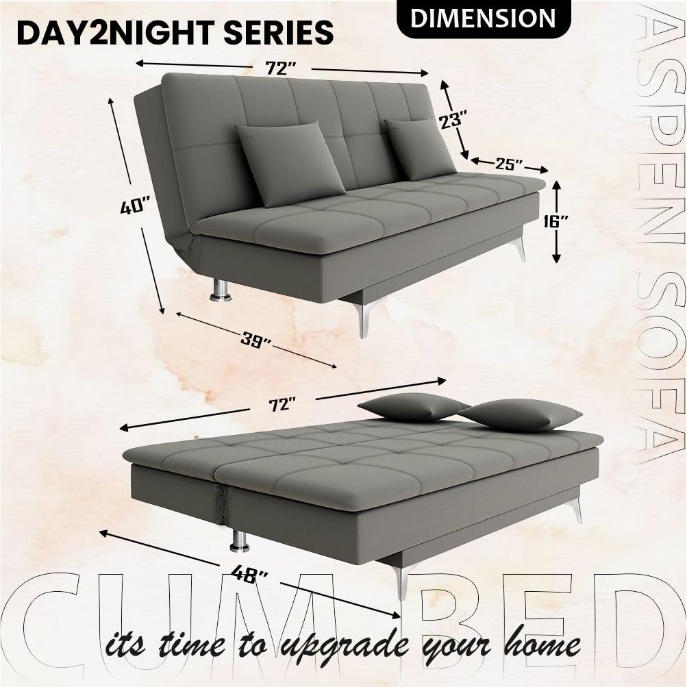 Luxury Adorn India Aspen 3 Seater Sofa Cum Bed Grey Velvet Suede with 2 Cushions for Modern Living Room