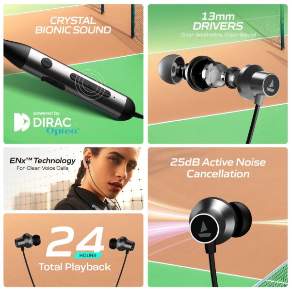 Boat Rockerz 280 ANC w/Crystal Bionic Sound Powered by Dirac Opteo, Active Noise Cancellation, 13mm Drivers, ASAP Charge, 24H Playback & ENx Tech in- Ear Bluetooth Neckband(Gunmetal Black)