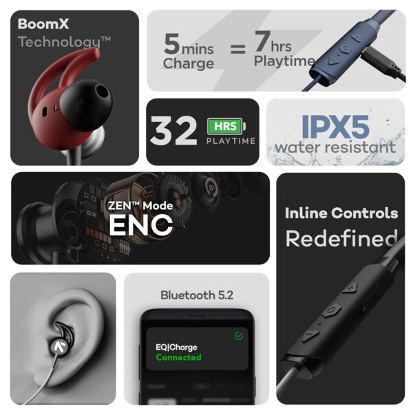 GOBOULT EQCharge Bluetooth Earphones with 32H Playtime, Zen ENC Mic, Dual Device Connectivity, Type C Fast Charging, 14.2mm Bass Driver, Made in India (Jet Black)